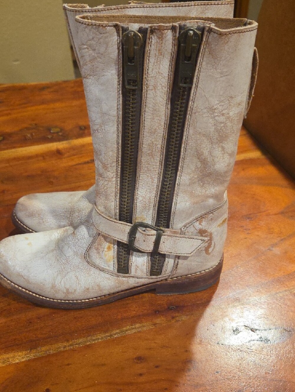 Bed Stu Cream Leather Heeled Mid-Calf Boots with Buckle Strap - Picture 2 of 7
